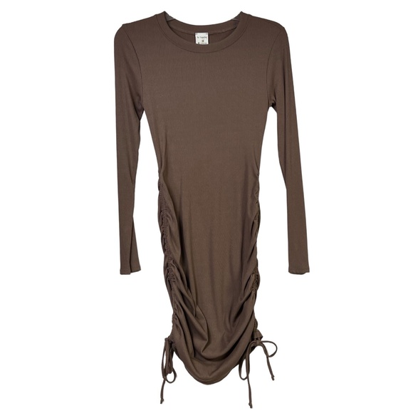 By Together Bodycon Mini Dress Brown Ribbed Ruched Long Sleeve Trendy‎ Sexy New - Picture 2 of 10